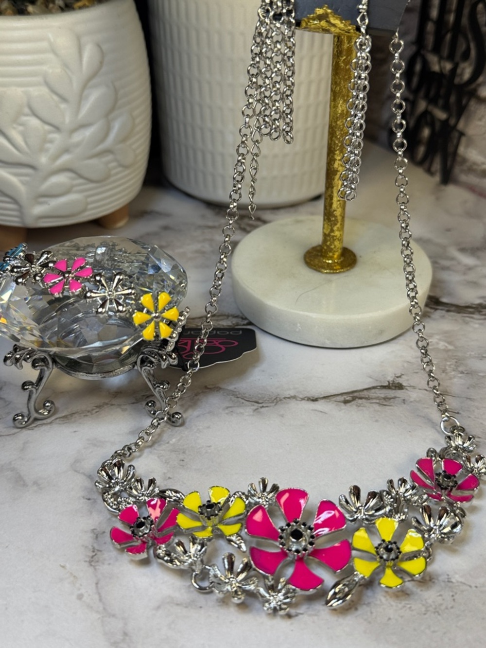 paparazzi Pink and Yellow Floral Statement Necklace with Matching Bracelet